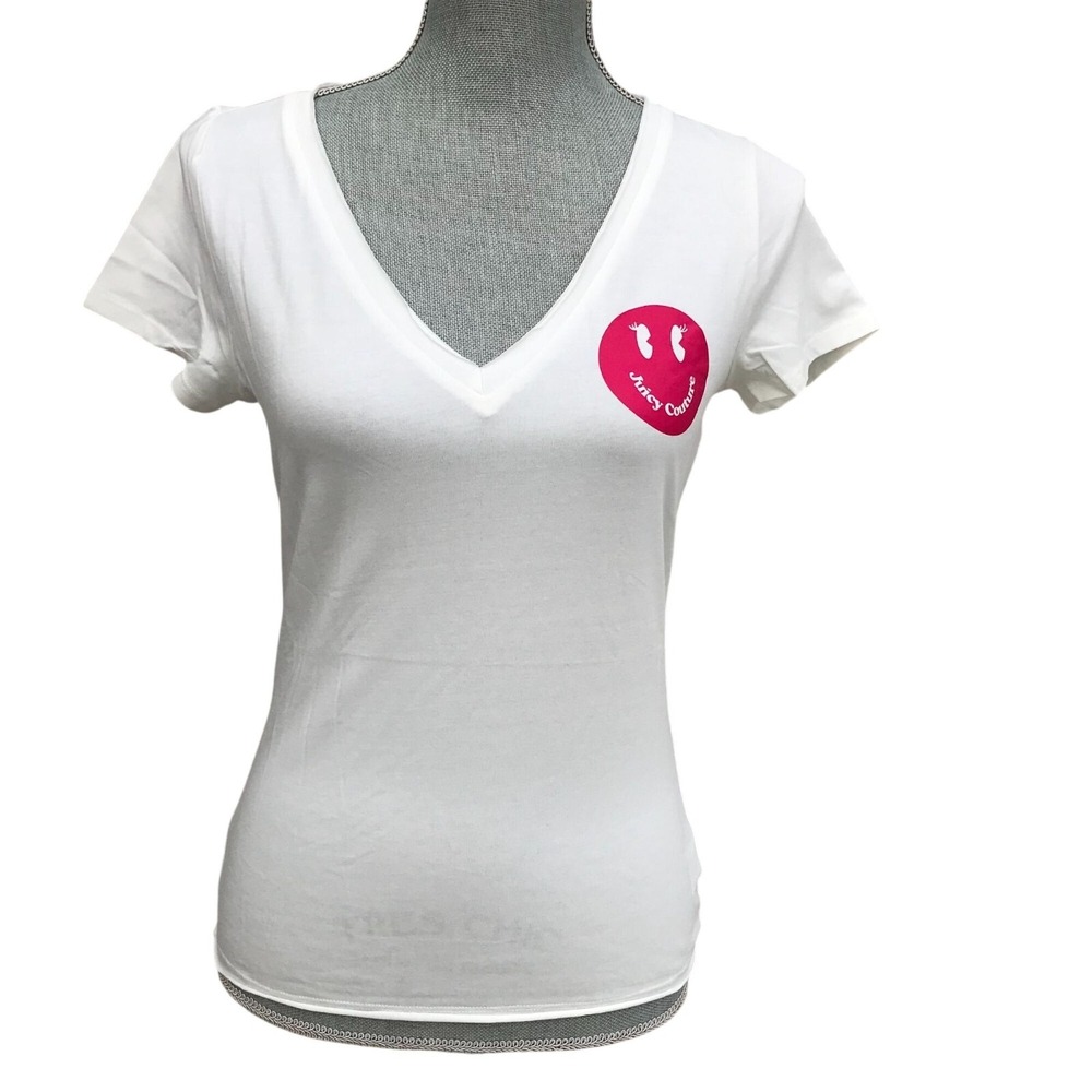Juicy Couture‎ White Smiley Face Graphic V-Neck Fitted Tee Y2K Top Women's Small